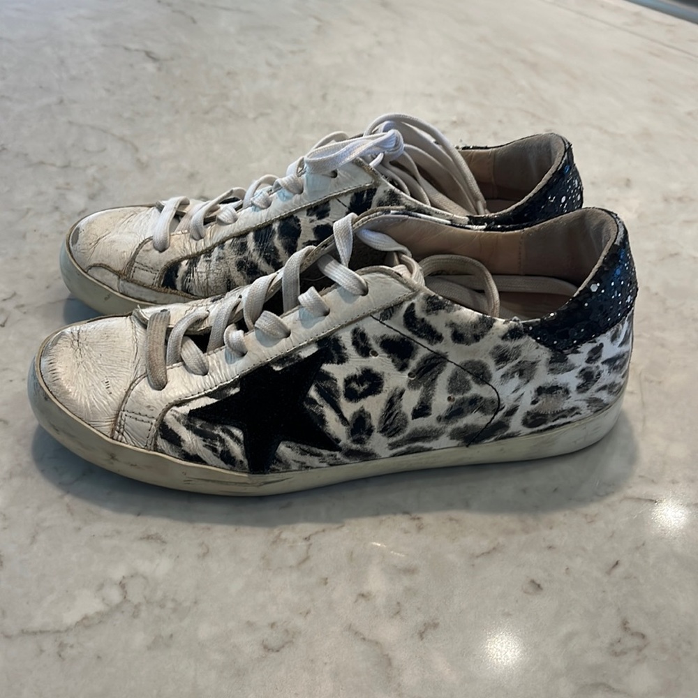 Black and White Leopard Golden Goose Sneakers